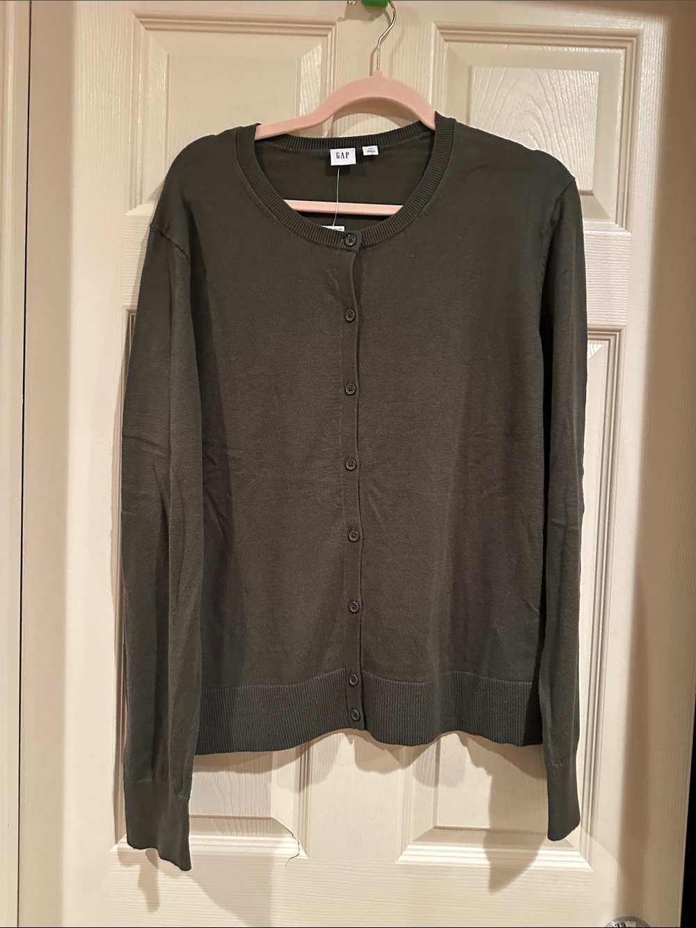 GAP Olive Crewneck Button-Front Cardigan